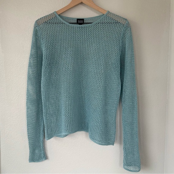 EILEEN FISHER M S VTG Linen Delave Open Stitch Sweater • Aqua Turquoise Seafoam - Picture 3 of 10
